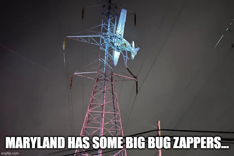 Big bug zapper | MARYLAND HAS SOME BIG BUG ZAPPERS... | image tagged in plane,aircraft,power pole,accident,crash | made w/ Imgflip meme maker