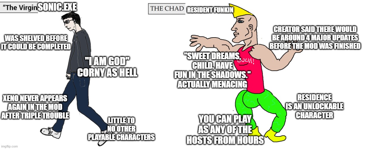 Virgin and Chad | SONIC.EXE; RESIDENT FUNKIN; CREATOR SAID THERE WOULD BE AROUND 4 MAJOR UPDATES BEFORE THE MOD WAS FINISHED; WAS SHELVED BEFORE IT COULD BE COMPLETED; "SWEET DREAMS, CHILD. HAVE FUN IN THE SHADOWS."
ACTUALLY MENACING; "I AM GOD"
CORNY AS HELL; XENO NEVER APPEARS AGAIN IN THE MOD AFTER TRIPLE TROUBLE; RESIDENCE IS AN UNLOCKABLE CHARACTER; LITTLE TO NO OTHER PLAYABLE CHARACTERS; YOU CAN PLAY AS ANY OF THE HOSTS FROM HOURS | image tagged in virgin and chad | made w/ Imgflip meme maker