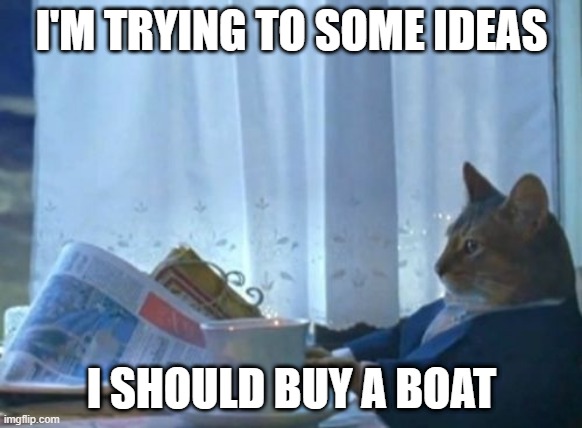 I'm going to an idea to them | I'M TRYING TO SOME IDEAS; I SHOULD BUY A BOAT | image tagged in memes,i should buy a boat cat | made w/ Imgflip meme maker