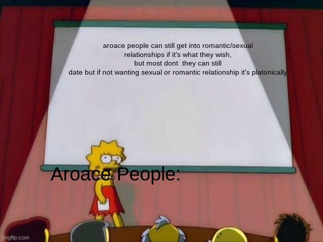 Aroace Meme | aroace people can still get into romantic/sexual relationships if it's what they wish, but most dont  they can still date but if not wanting sexual or romantic relationship it's platonically; Aroace People: | image tagged in lisa simpson's presentation | made w/ Imgflip meme maker