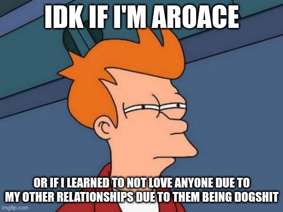 haha yes | IDK IF I'M AROACE; OR IF I LEARNED TO NOT LOVE ANYONE DUE TO MY OTHER RELATIONSHIPS DUE TO THEM BEING DOGSHIT | image tagged in memes,futurama fry | made w/ Imgflip meme maker