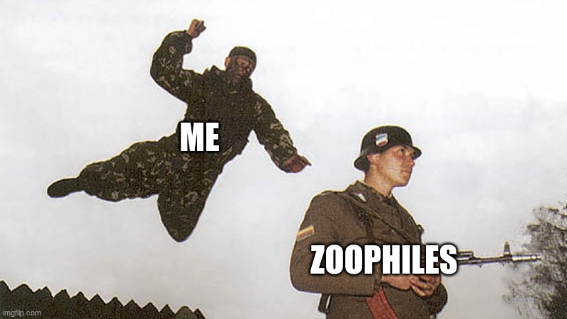 i support everyone's cause here | ME; ZOOPHILES | image tagged in soldier jump spetznaz | made w/ Imgflip meme maker