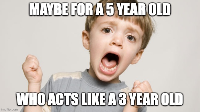 screaming child  | MAYBE FOR A 5 YEAR OLD WHO ACTS LIKE A 3 YEAR OLD | image tagged in screaming child | made w/ Imgflip meme maker