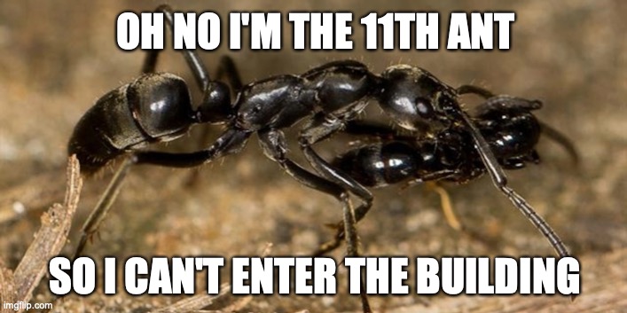 OH NO I'M THE 11TH ANT SO I CAN'T ENTER THE BUILDING | made w/ Imgflip meme maker