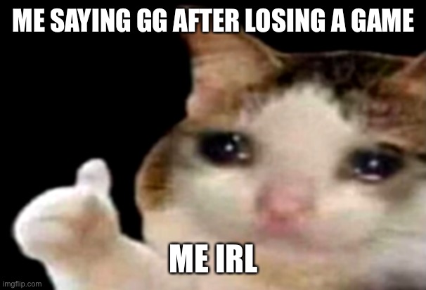 Sad cat thumbs up | ME SAYING GG AFTER LOSING A GAME; ME IRL | image tagged in sad cat thumbs up | made w/ Imgflip meme maker