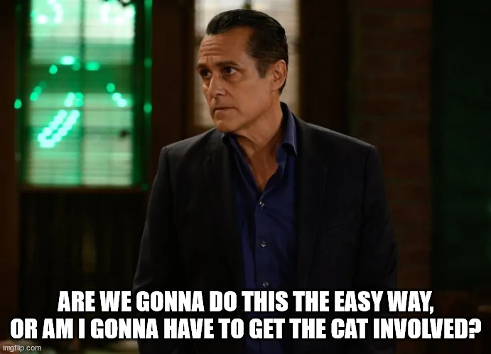 Sonny Corinthos | ARE WE GONNA DO THIS THE EASY WAY, OR AM I GONNA HAVE TO GET THE CAT INVOLVED? | image tagged in sonny corinthos | made w/ Imgflip meme maker