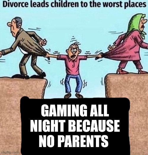 Divorce leads children to the worst places | GAMING ALL NIGHT BECAUSE NO PARENTS | image tagged in divorce leads children to the worst places | made w/ Imgflip meme maker