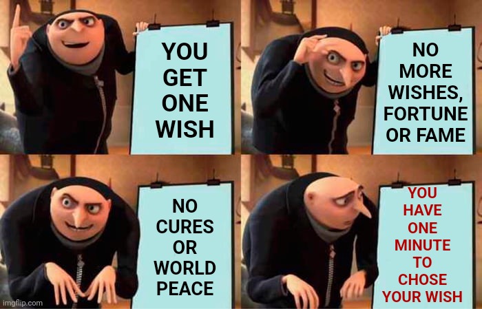 You Should Have At Least One Prepared Wish Just In Case.  You Never Know | YOU HAVE ONE MINUTE TO CHOSE YOUR WISH; YOU GET ONE WISH; NO MORE WISHES, FORTUNE OR FAME; NO CURES OR WORLD PEACE | image tagged in memes,gru's plan,genie,make a wish,wish granted,if you had one wish | made w/ Imgflip meme maker