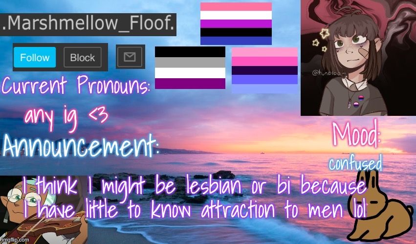 ye idk- sh*ts hard | any ig <3; confused; I think I might be lesbian or bi because I have little to know attraction to men lol | image tagged in floofs temp 2 | made w/ Imgflip meme maker