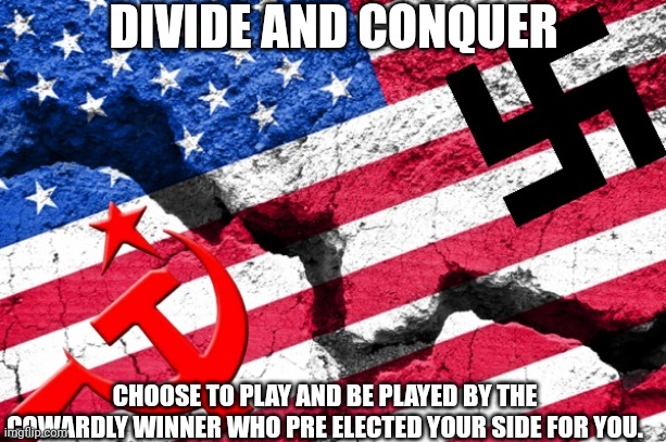 Divide and conquer | DIVIDE AND CONQUER; CHOOSE TO PLAY AND BE PLAYED BY THE COWARDLY WINNER WHO PRE ELECTED YOUR SIDE FOR YOU. | image tagged in liberal vs conservative,left right paradigm,divide and conquer,communist and nazi,illusion of choice | made w/ Imgflip meme maker