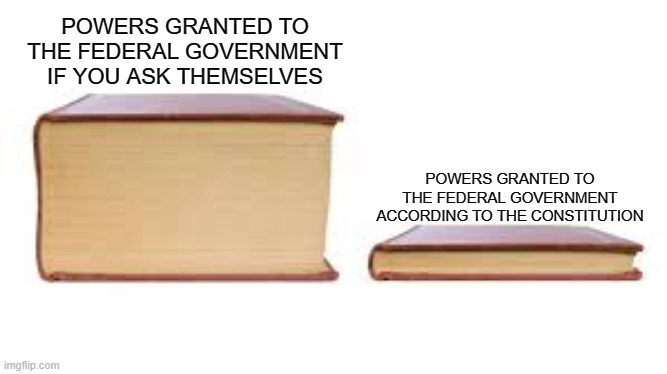 The decline and fall of the American empire in two books | POWERS GRANTED TO THE FEDERAL GOVERNMENT IF YOU ASK THEMSELVES; POWERS GRANTED TO THE FEDERAL GOVERNMENT ACCORDING TO THE CONSTITUTION | image tagged in big book small book,constitution,government,federal government | made w/ Imgflip meme maker