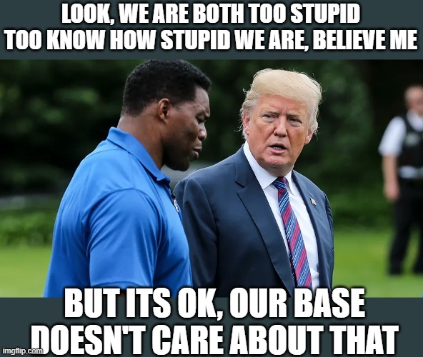 GOP needs to just call itself by a new and more accurate acronym. - SAD | LOOK, WE ARE BOTH TOO STUPID TOO KNOW HOW STUPID WE ARE, BELIEVE ME; BUT ITS OK, OUR BASE DOESN'T CARE ABOUT THAT | image tagged in herschel walker trump,sad party,memes,politics,lock him up,idiot | made w/ Imgflip meme maker