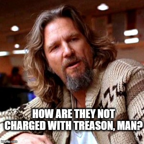 Confused Lebowski Meme | HOW ARE THEY NOT CHARGED WITH TREASON, MAN? | image tagged in memes,confused lebowski | made w/ Imgflip meme maker