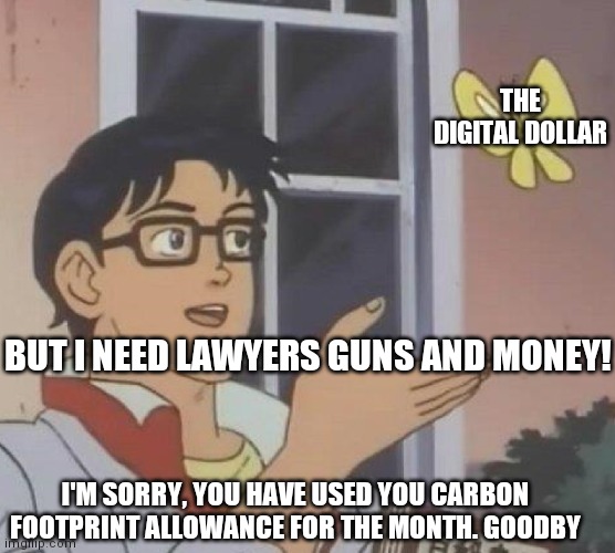 We Are In Control | THE DIGITAL DOLLAR; BUT I NEED LAWYERS GUNS AND MONEY! I'M SORRY, YOU HAVE USED YOU CARBON FOOTPRINT ALLOWANCE FOR THE MONTH. GOODBY | image tagged in memes,is this a pigeon,money,question mark | made w/ Imgflip meme maker