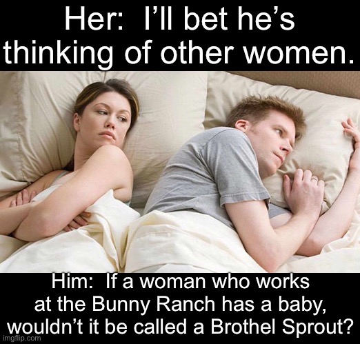 What men really think | Her:  I’ll bet he’s thinking of other women. Him:  If a woman who works at the Bunny Ranch has a baby, wouldn’t it be called a Brothel Sprout? | image tagged in memes,i bet he's thinking about other women | made w/ Imgflip meme maker