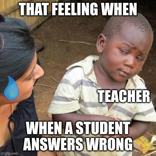 Third World Skeptical Kid | THAT FEELING WHEN; TEACHER; WHEN A STUDENT ANSWERS WRONG | image tagged in memes,third world skeptical kid | made w/ Imgflip meme maker