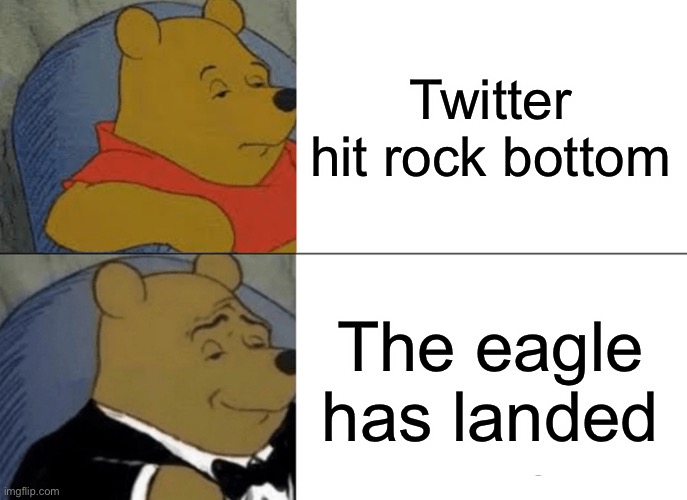 Twitter’s doing bad | Twitter hit rock bottom; The eagle has landed | image tagged in memes,tuxedo winnie the pooh | made w/ Imgflip meme maker