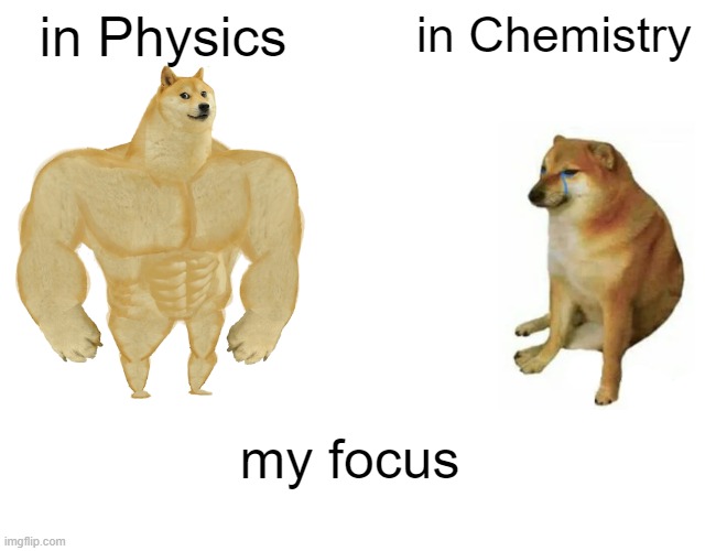 Buff Doge vs. Cheems | in Physics; in Chemistry; my focus | image tagged in memes,buff doge vs cheems | made w/ Imgflip meme maker