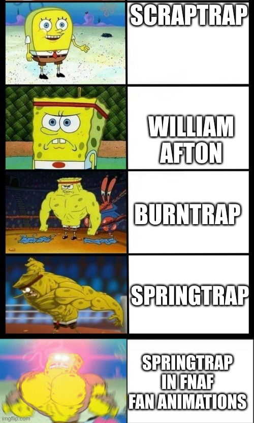 [noiygrny | SCRAPTRAP; WILLIAM AFTON; BURNTRAP; SPRINGTRAP; SPRINGTRAP IN FNAF FAN ANIMATIONS | image tagged in spongebob gets buffer,increasingly buff spongebob | made w/ Imgflip meme maker