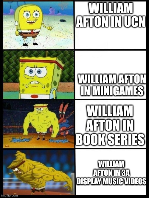 3A display fnaf music videos are the best | WILLIAM AFTON IN UCN; WILLIAM AFTON IN MINIGAMES; WILLIAM AFTON IN BOOK SERIES; WILLIAM AFTON IN 3A DISPLAY MUSIC VIDEOS | image tagged in spongebob gets buffer | made w/ Imgflip meme maker