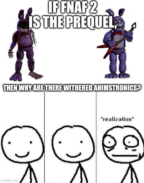 Weird Bro | IF FNAF 2 IS THE PREQUEL, THEN WHY ARE THERE WITHERED ANIMSTRONICS? | image tagged in realization | made w/ Imgflip meme maker