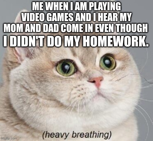 W | ME WHEN I AM PLAYING VIDEO GAMES AND I HEAR MY MOM AND DAD COME IN EVEN THOUGH; I DIDN'T DO MY HOMEWORK. | image tagged in memes,heavy breathing cat | made w/ Imgflip meme maker