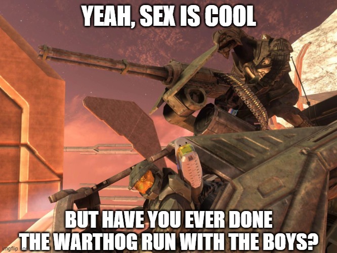 Halo OGs, please stand up | YEAH, SEX IS COOL; BUT HAVE YOU EVER DONE THE WARTHOG RUN WITH THE BOYS? | image tagged in halo | made w/ Imgflip meme maker