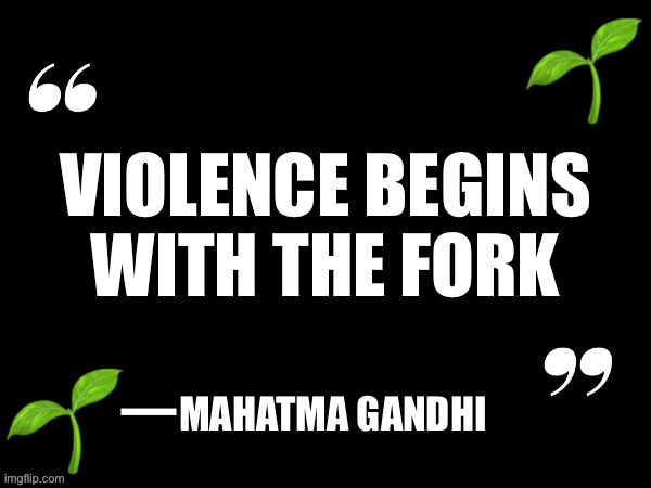 Violence begins with the fork - vegan quote by Gandhi | VIOLENCE BEGINS WITH THE FORK; MAHATMA GANDHI | image tagged in black quote with speech marks,quote,vegan,vegetarian,gandhi,animal rights | made w/ Imgflip meme maker