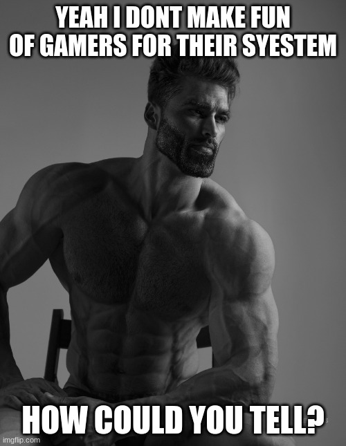 Chad | YEAH I DONT MAKE FUN OF GAMERS FOR THEIR SYESTEM; HOW COULD YOU TELL? | image tagged in giga chad | made w/ Imgflip meme maker