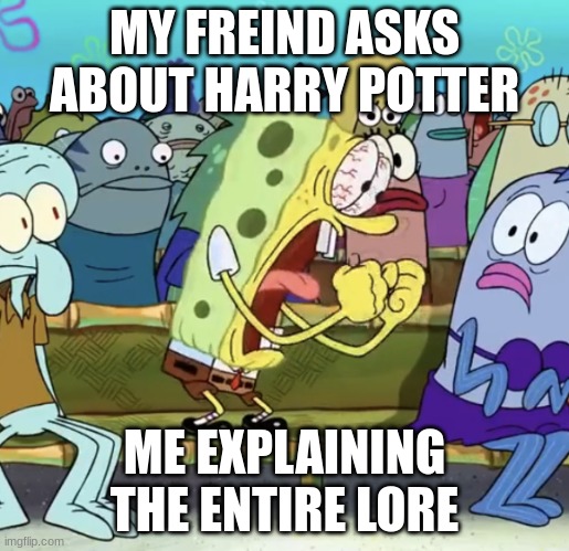 potter lore | MY FREIND ASKS ABOUT HARRY POTTER; ME EXPLAINING THE ENTIRE LORE | image tagged in spongebob yelling | made w/ Imgflip meme maker