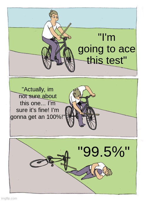 :( | "I'm going to ace this test"; "Actually, im not sure about this one... I'm sure it's fine! I'm gonna get an 100%!"; "99.5%" | image tagged in memes,bike fall | made w/ Imgflip meme maker