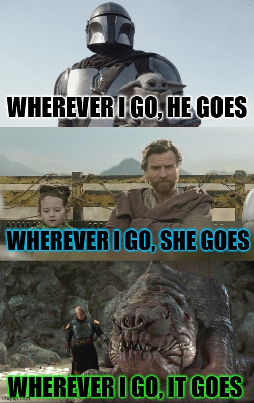 I know that obi wan doesn't make that sense, but it makes somewhat sense during the show which is what the meme is depicted on | WHEREVER I GO, HE GOES; WHEREVER I GO, SHE GOES; WHEREVER I GO, IT GOES | image tagged in mandalorian,obiwan,boba fett,leia,grogu | made w/ Imgflip meme maker