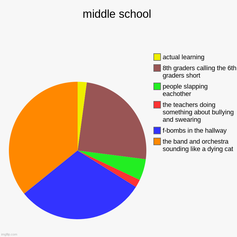 middle school based on actual experiencee | middle school | the band and orchestra sounding like a dying cat, f-bombs in the hallway , the teachers doing something about bullying and s | image tagged in charts,pie charts | made w/ Imgflip chart maker