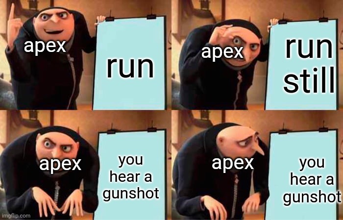 Gru's Plan Meme | run run still you hear a gunshot you hear a gunshot apex apex apex apex | image tagged in memes,gru's plan | made w/ Imgflip meme maker