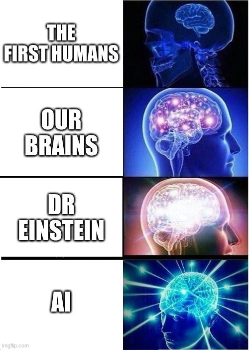 Expanding Brain Meme | THE FIRST HUMANS; OUR BRAINS; DR EINSTEIN; AI | image tagged in memes,expanding brain | made w/ Imgflip meme maker