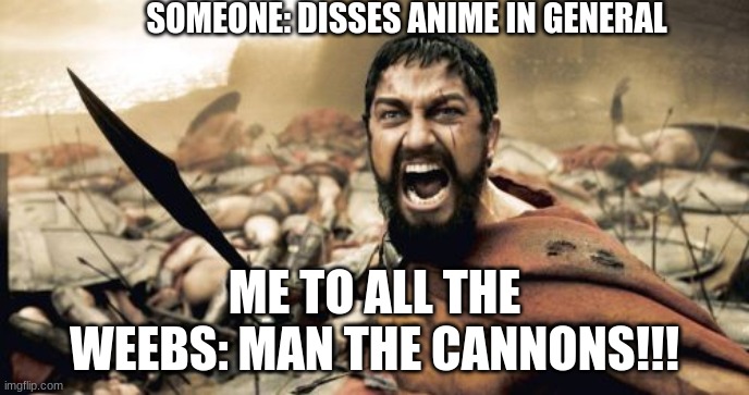Not sure if this is close enough to count as anime only but I think its close enough | SOMEONE: DISSES ANIME IN GENERAL; ME TO ALL THE WEEBS: MAN THE CANNONS!!! | image tagged in memes,sparta leonidas | made w/ Imgflip meme maker