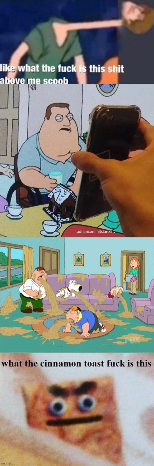 image tagged in like what the f ck is this sh t above me scoob,joe swanson looking at phone,family guy puke,what the cinnamon toast f is this | made w/ Imgflip meme maker