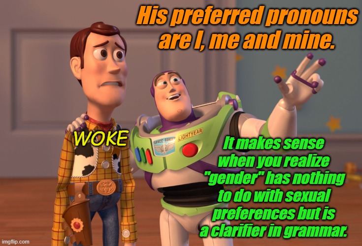 Dedicated to those courageous people who still self identify as I | His preferred pronouns are I, me and mine. WOKE; It makes sense when you realize "gender" has nothing to do with sexual preferences but is a clarifier in grammar. | image tagged in memes,x x everywhere | made w/ Imgflip meme maker