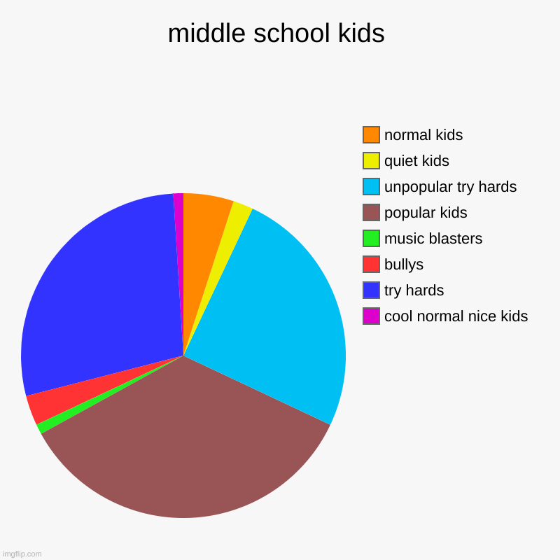 middle school kids | cool normal nice kids, try hards, bullys, music blasters, popular kids, unpopular try hards, quiet kids, normal kids | image tagged in charts,pie charts | made w/ Imgflip chart maker