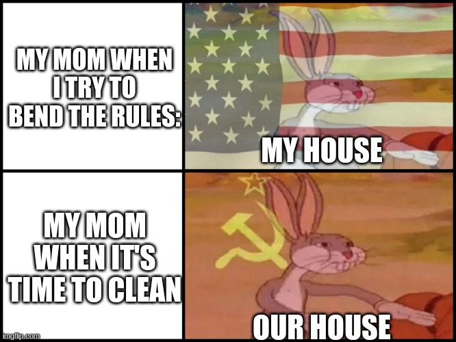 Mother... | MY MOM WHEN I TRY TO BEND THE RULES:; MY HOUSE; MY MOM WHEN IT'S TIME TO CLEAN; OUR HOUSE | image tagged in capitalist and communist,mom | made w/ Imgflip meme maker