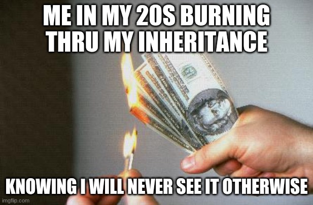 3 seconds to burn |  ME IN MY 20S BURNING THRU MY INHERITANCE; KNOWING I WILL NEVER SEE IT OTHERWISE | image tagged in burning money | made w/ Imgflip meme maker
