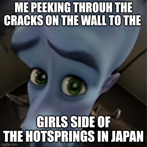 Megamind peeking | ME PEEKING THROUH THE CRACKS ON THE WALL TO THE; GIRLS SIDE OF THE HOTSPRINGS IN JAPAN | image tagged in megamind peeking | made w/ Imgflip meme maker