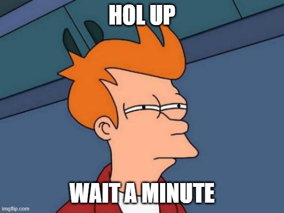 HOL UP WAIT A MINUTE | image tagged in memes,futurama fry | made w/ Imgflip meme maker