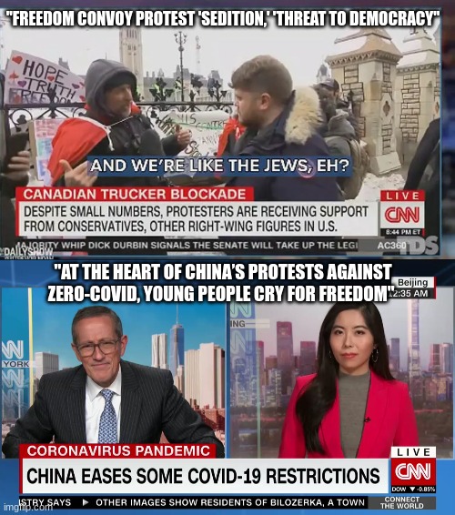 Same Network... | "FREEDOM CONVOY PROTEST 'SEDITION,' 'THREAT TO DEMOCRACY"; "AT THE HEART OF CHINA’S PROTESTS AGAINST ZERO-COVID, YOUNG PEOPLE CRY FOR FREEDOM" | image tagged in freedom,communism,ccp,canada | made w/ Imgflip meme maker