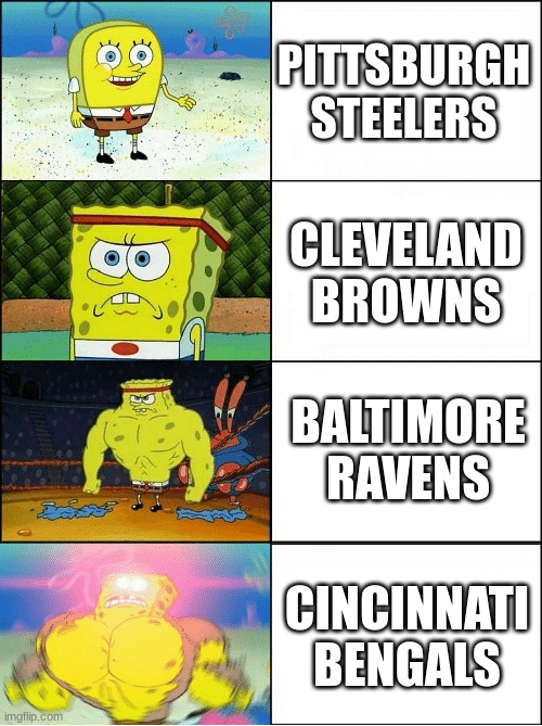 AFC North be like | PITTSBURGH STEELERS; CLEVELAND BROWNS; BALTIMORE RAVENS; CINCINNATI BENGALS | image tagged in sponge finna commit muder | made w/ Imgflip meme maker