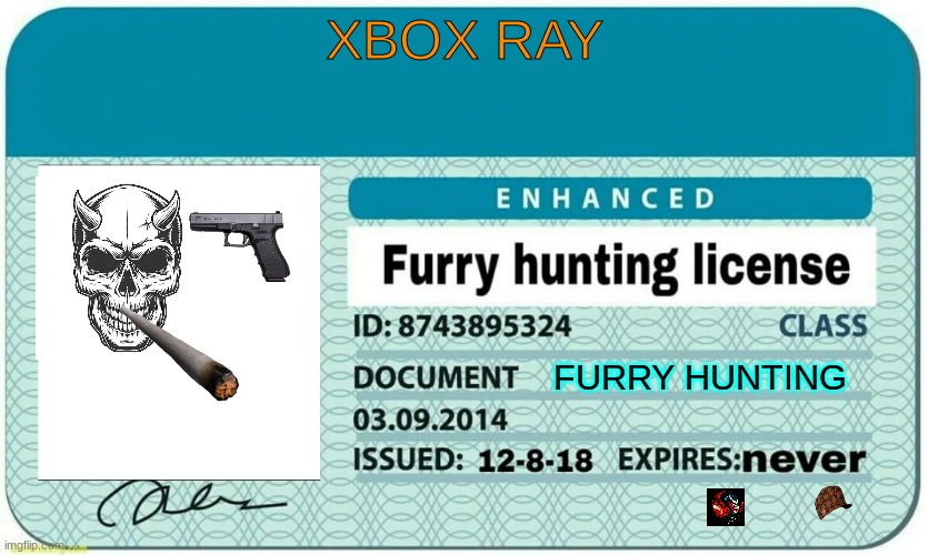 furry hunting license | XBOX RAY; FURRY HUNTING | image tagged in furry hunting license | made w/ Imgflip meme maker