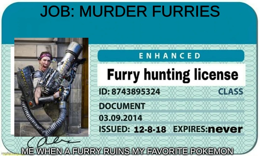 furry hunting license | JOB: MURDER FURRIES; ME WHEN A FURRY RUINS MY FAVORITE POKEMON | image tagged in furry hunting license | made w/ Imgflip meme maker
