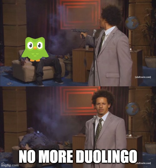 gottem | NO MORE DUOLINGO | image tagged in gunshot meme | made w/ Imgflip meme maker