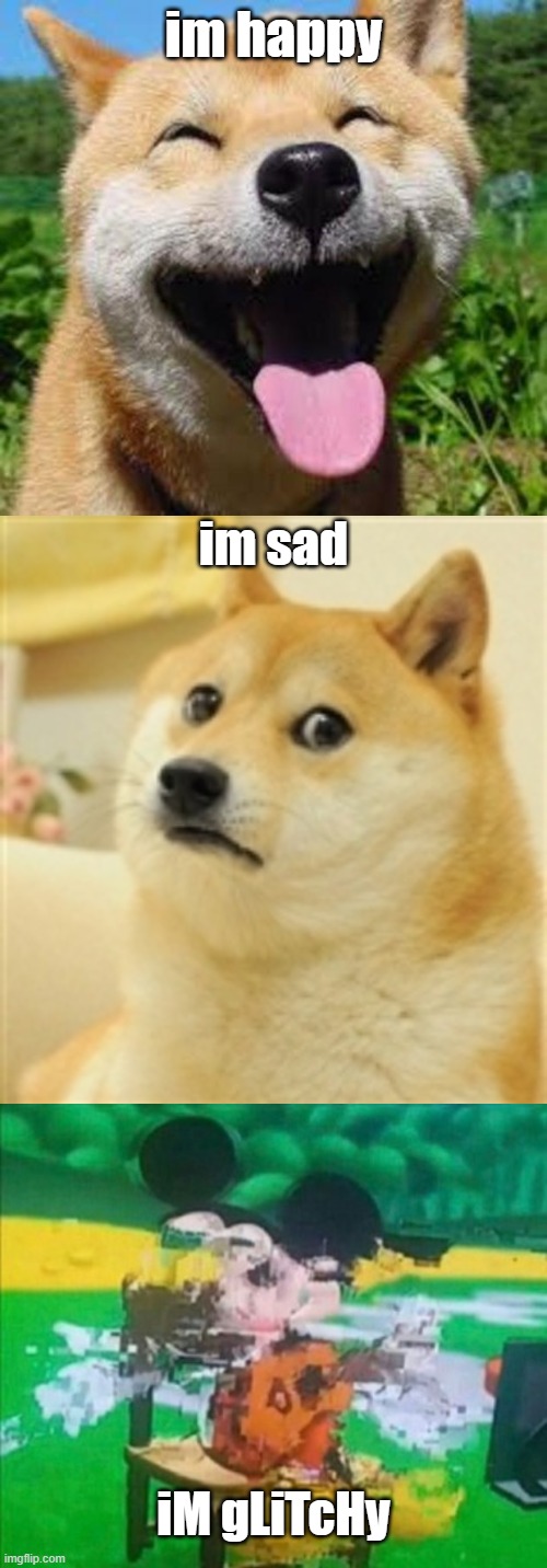 doge=doge=mikey | im happy; im sad; iM gLiTcHy | image tagged in happy doge,sad doge,glitchy mickey | made w/ Imgflip meme maker