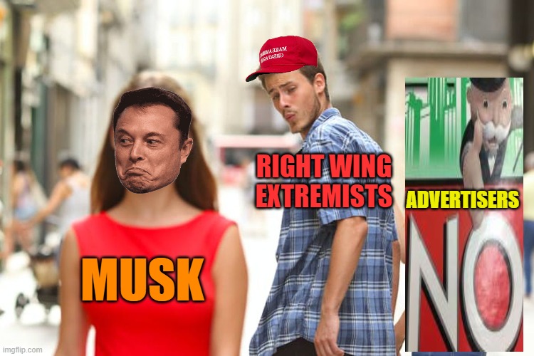 Distracted Boyfriend Meme | MUSK RIGHT WING EXTREMISTS ADVERTISERS | image tagged in memes,distracted boyfriend | made w/ Imgflip meme maker